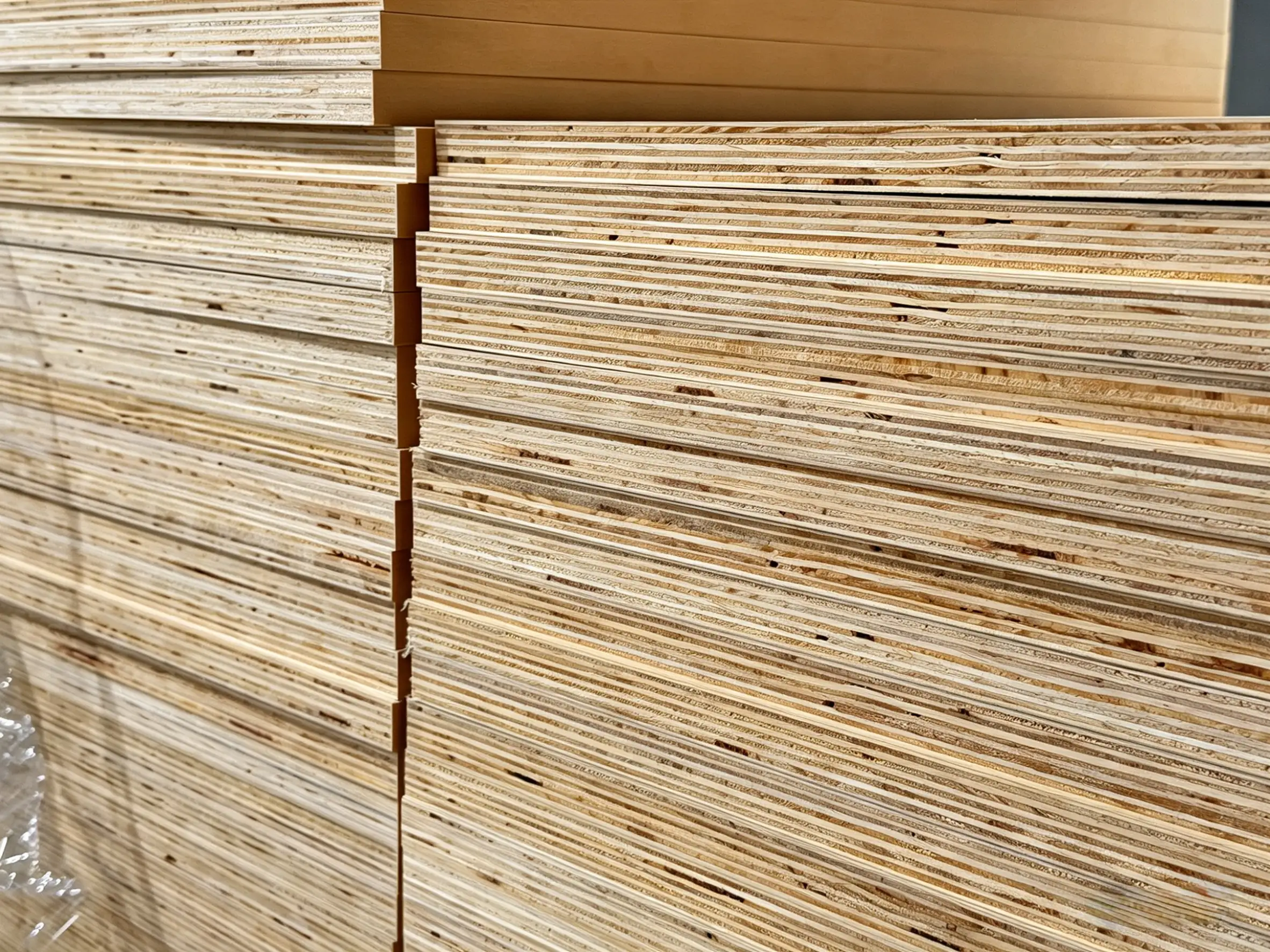 Large inventory of birch plywood sheets stored in a dry, professional warehouse for immediate shipment