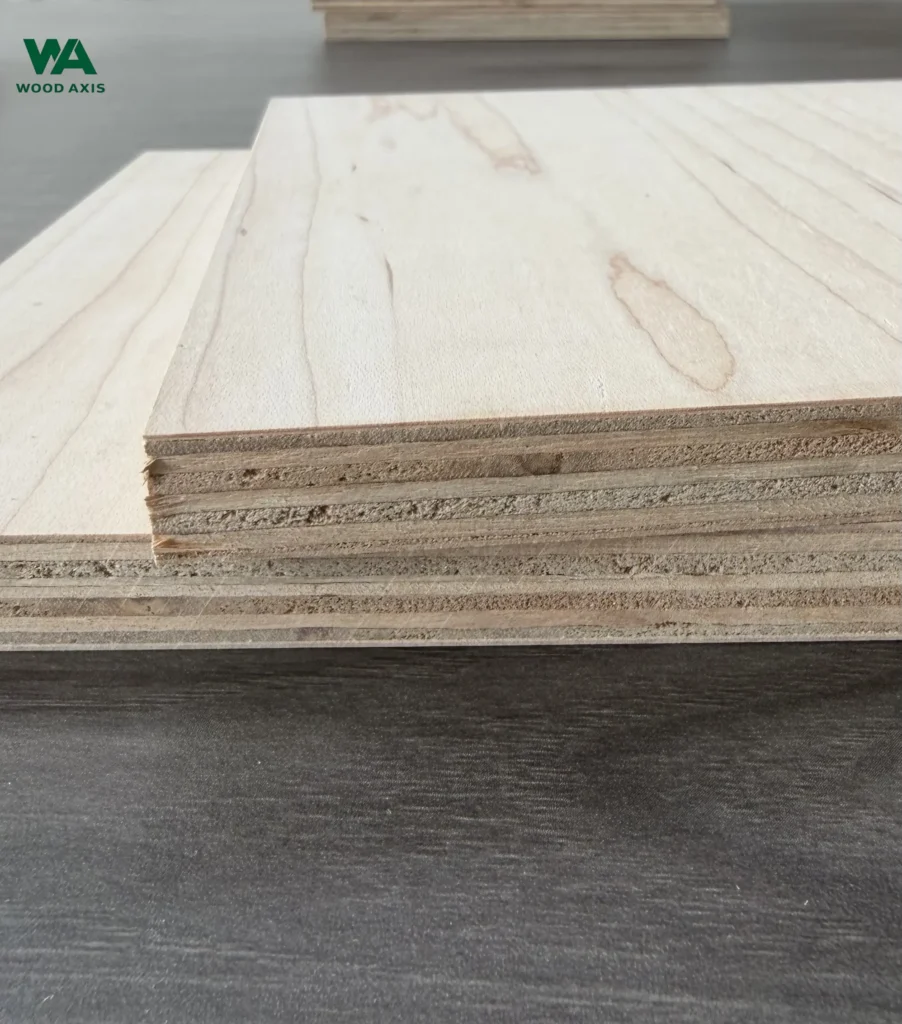 Comparing Melamine Plywood Cores: MDF, Chipboard, and Veneer Core 9 A high-resolution, extreme close-up view of a premium hard maple plywood surface, showing the tight, fine wood pores, smooth silky texture, and subtle, wavy growth rings characteristic of A-grade sapwood.