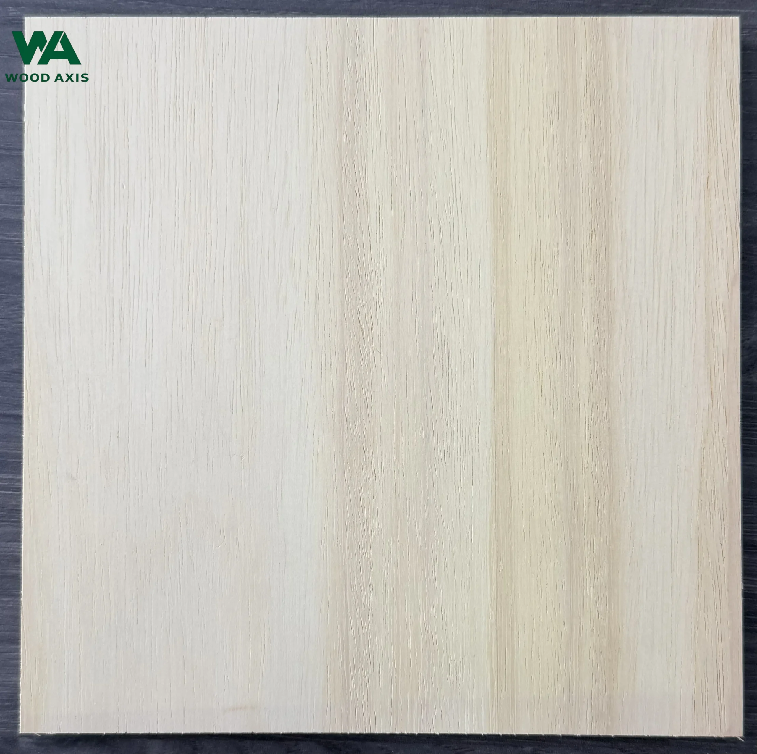 A high-resolution macro photograph of a rubberwood plywood face veneer, showing its characteristic pale cream to light straw color tone, straight grain lines, and small, evenly distributed open wood pores.