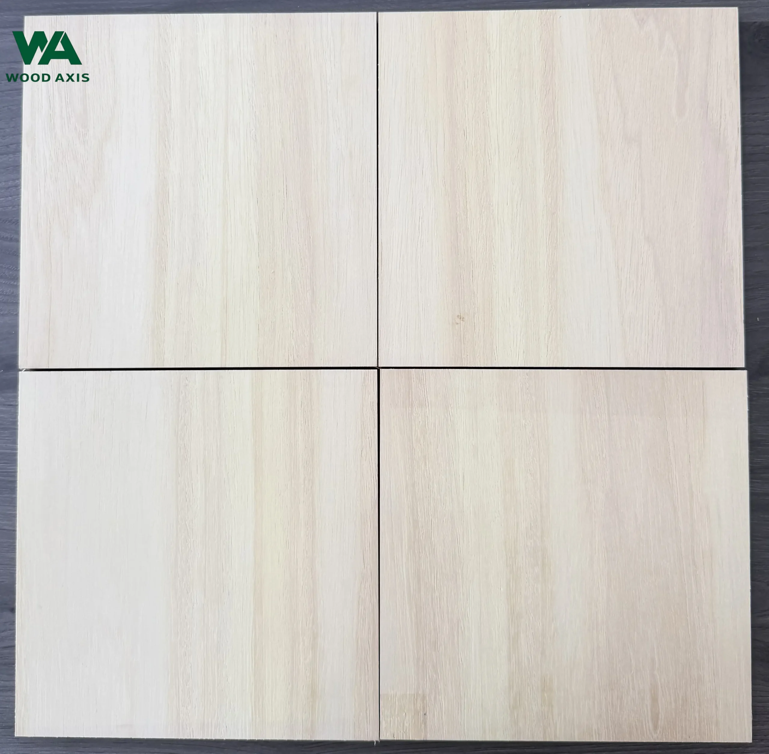 Rubberwood Plywood 3 Side-angle close-up of a furniture-grade rubberwood plywood sheet, highlighting soft light reflecting across an ultra-flat, knot-free surface pre-sanded to a uniform 180-grit silky smoothness.