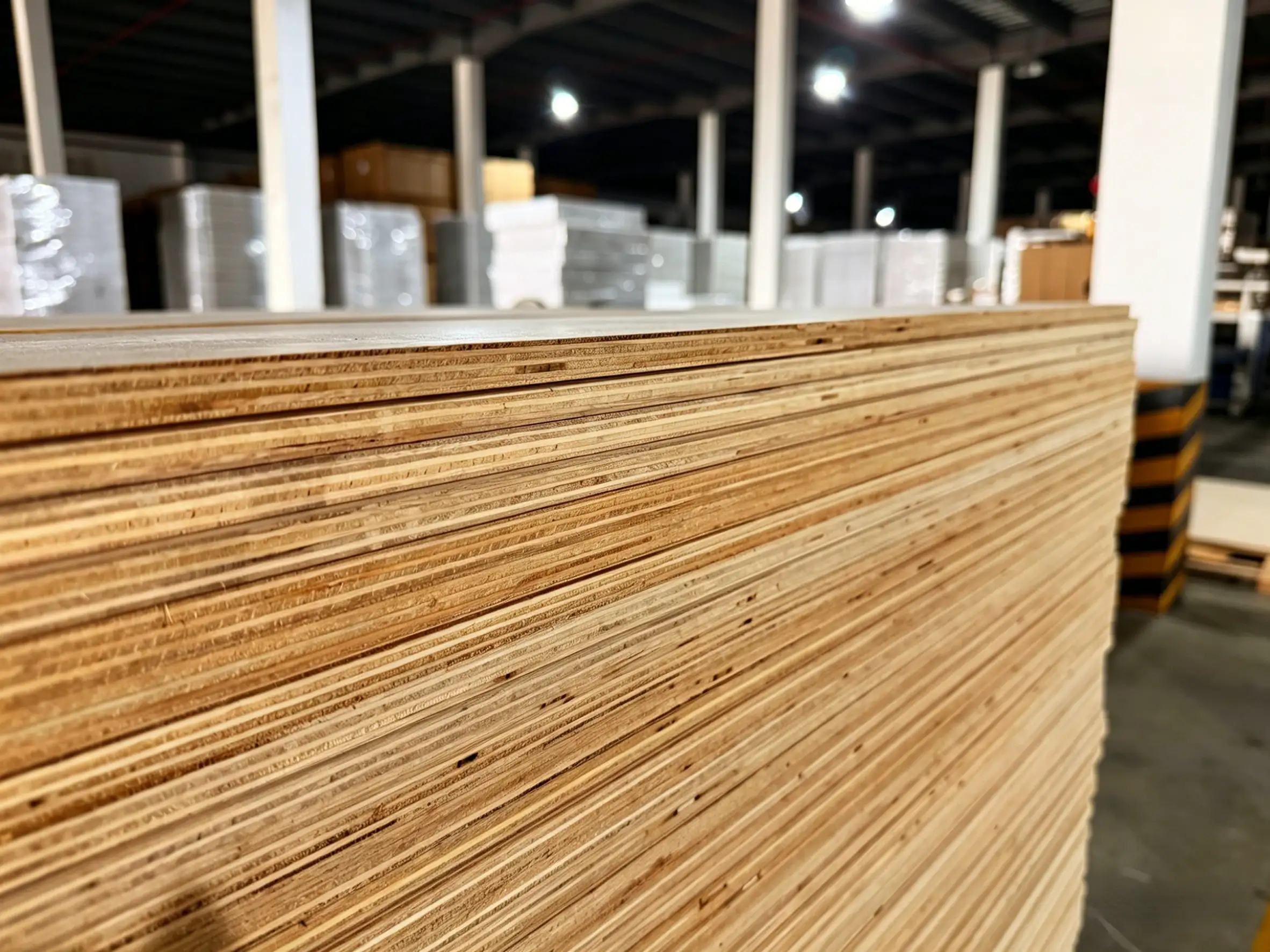 Systematic storage of birch plywood pallets categorized by thickness and grade for efficient order picking