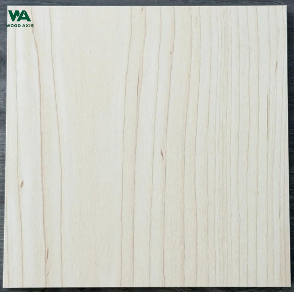 Side-angle macro view of a cabinet-grade maple plywood sheet face, showing light reflecting off a flawless, knot-free surface pre-sanded to a uniform 180-grit smoothness.