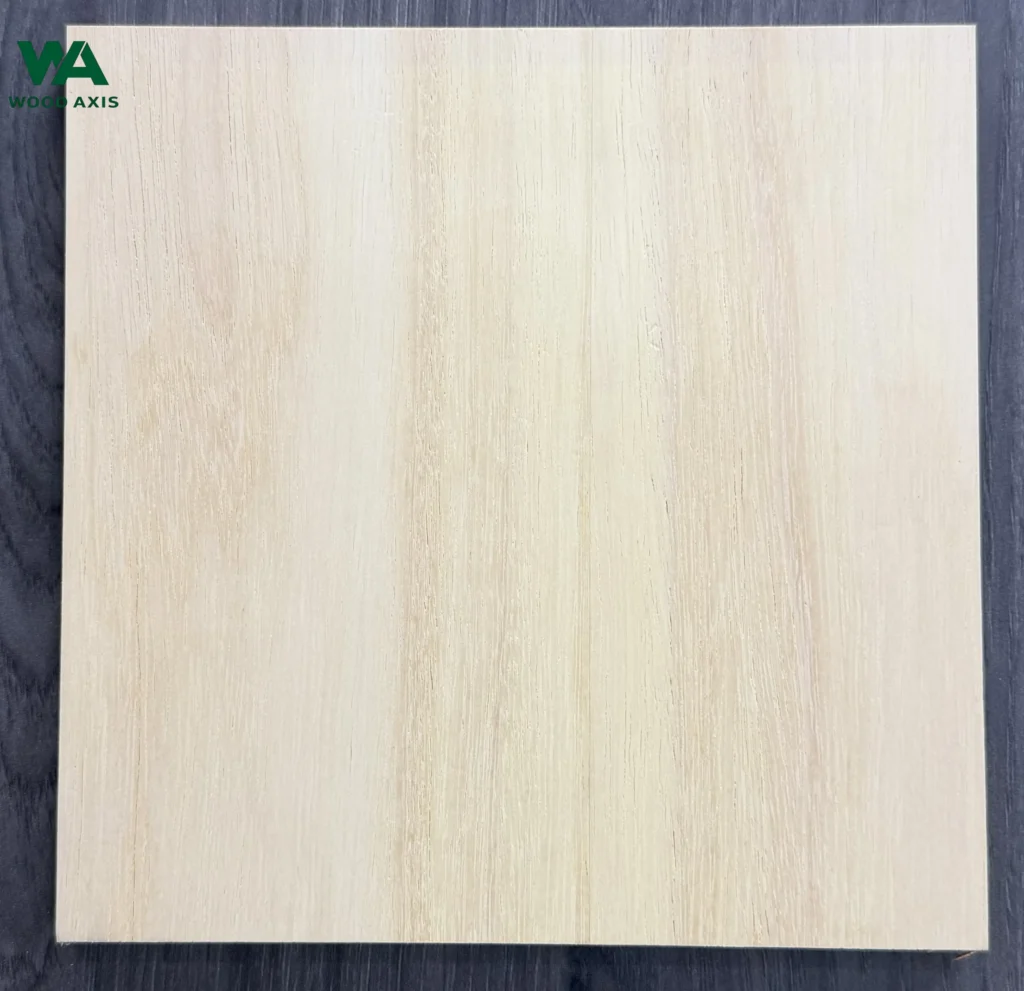 Close-up texture of a premium rubberwood face veneer, capturing the consistent, warm blond coloration with minimal natural sapwood-to-heartwood color variations.