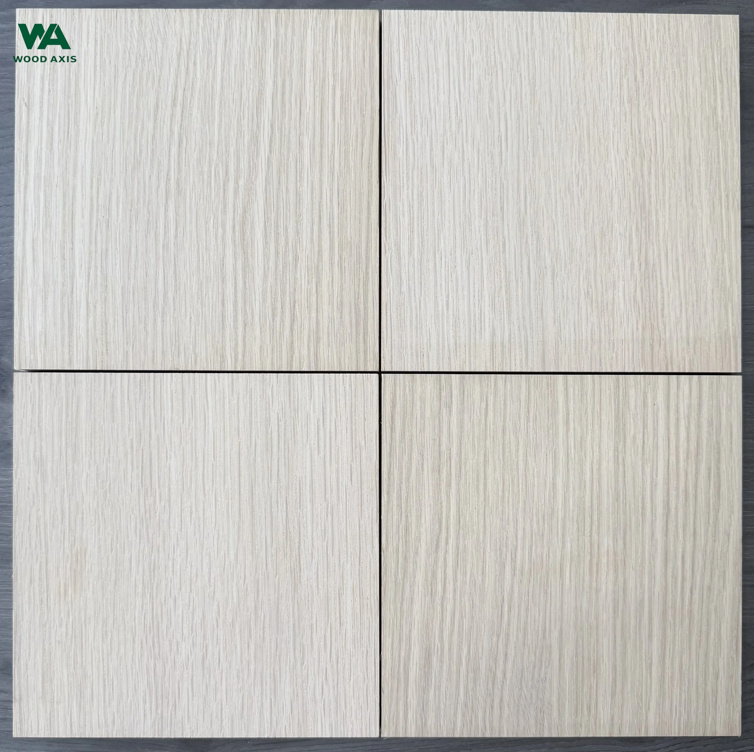 High-resolution macro shot of rift-cut white oak plywood veneer texture, displaying ultra-straight, tight vertical grain lines and consistent honey-wheat color tones.
