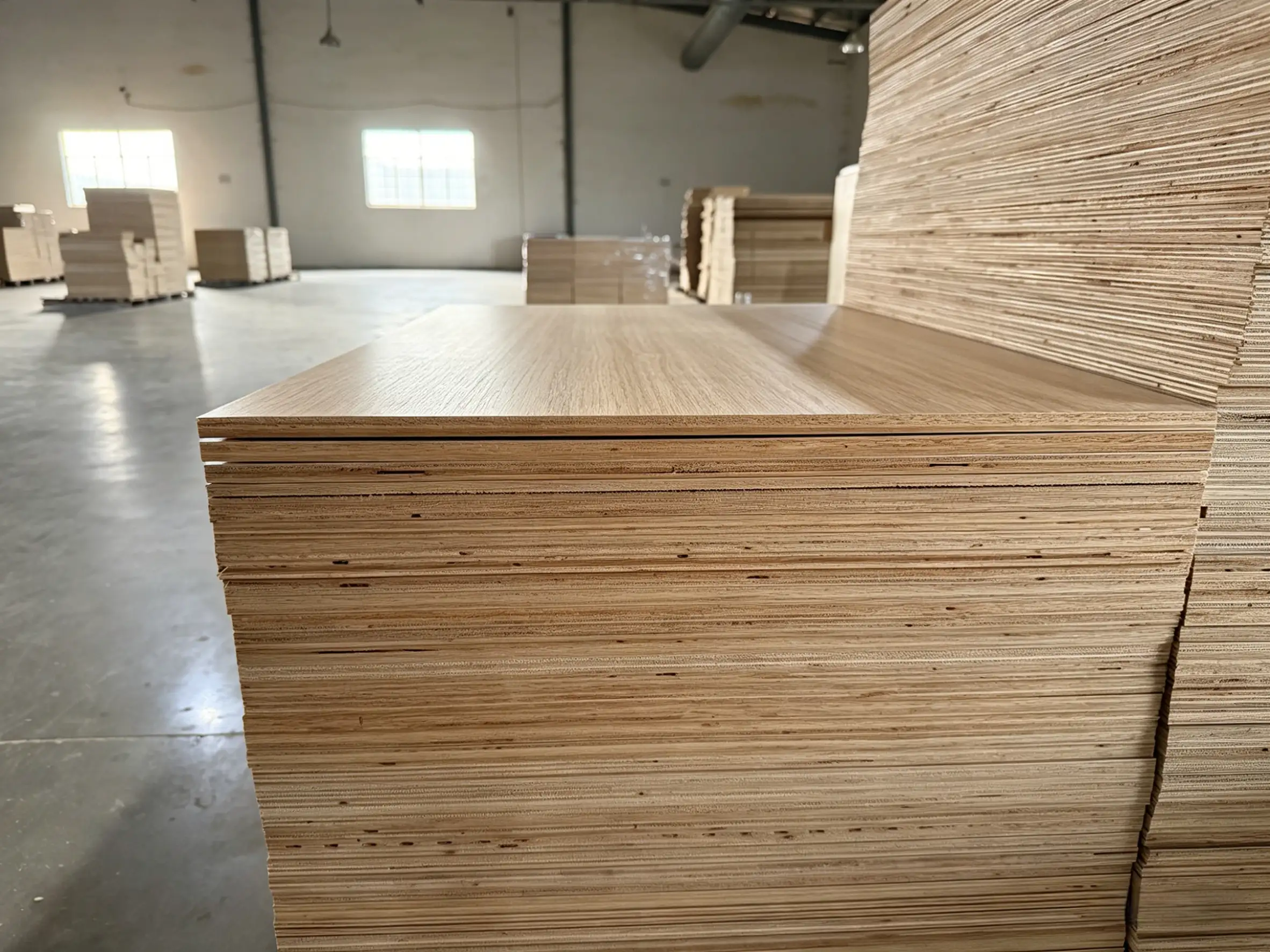Large stock of premium fancy plywood sheets bundled for wholesale export.