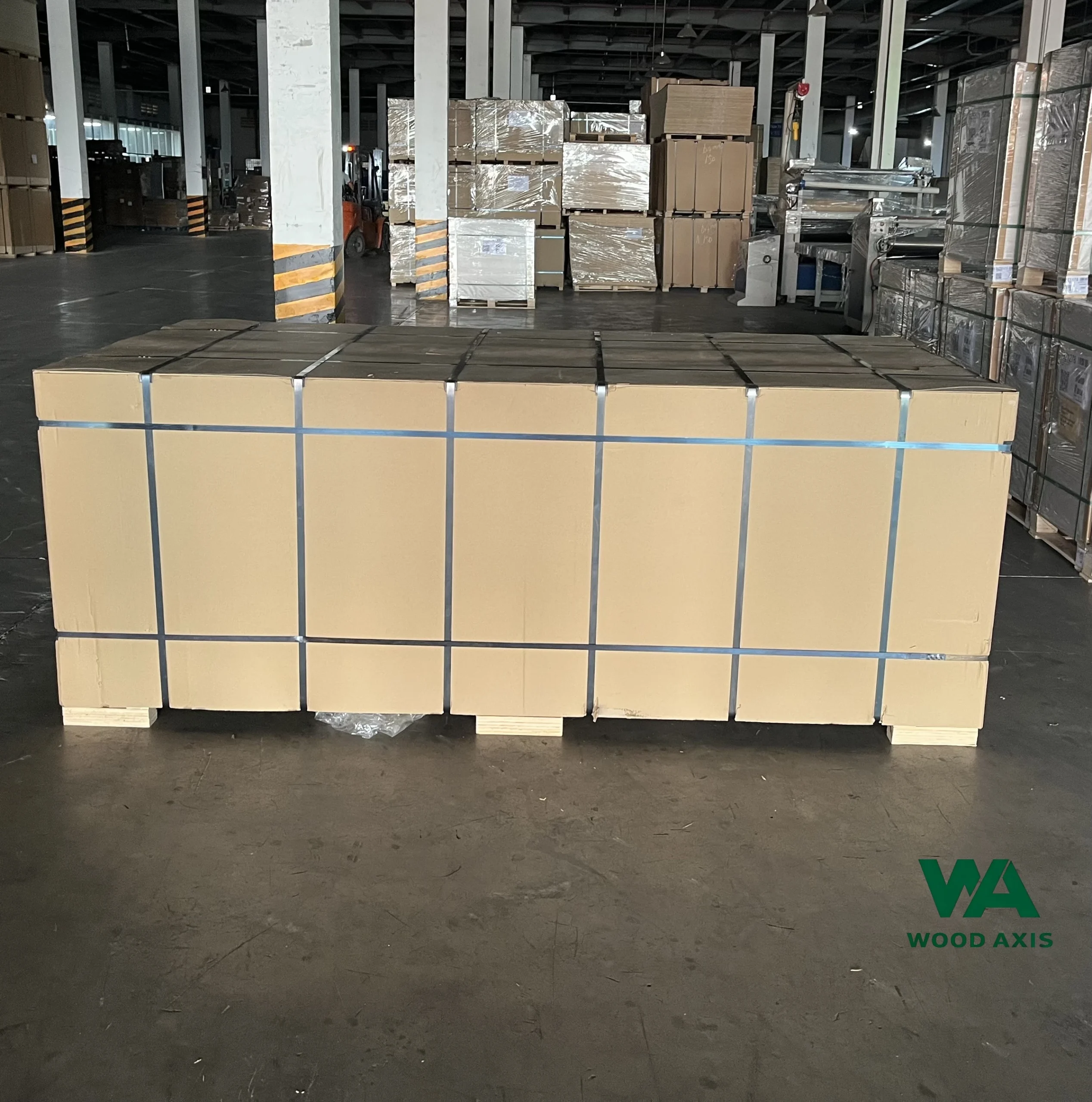 Blog 8 Finished plywood panels securely on wooden pallets for safe international shipping.