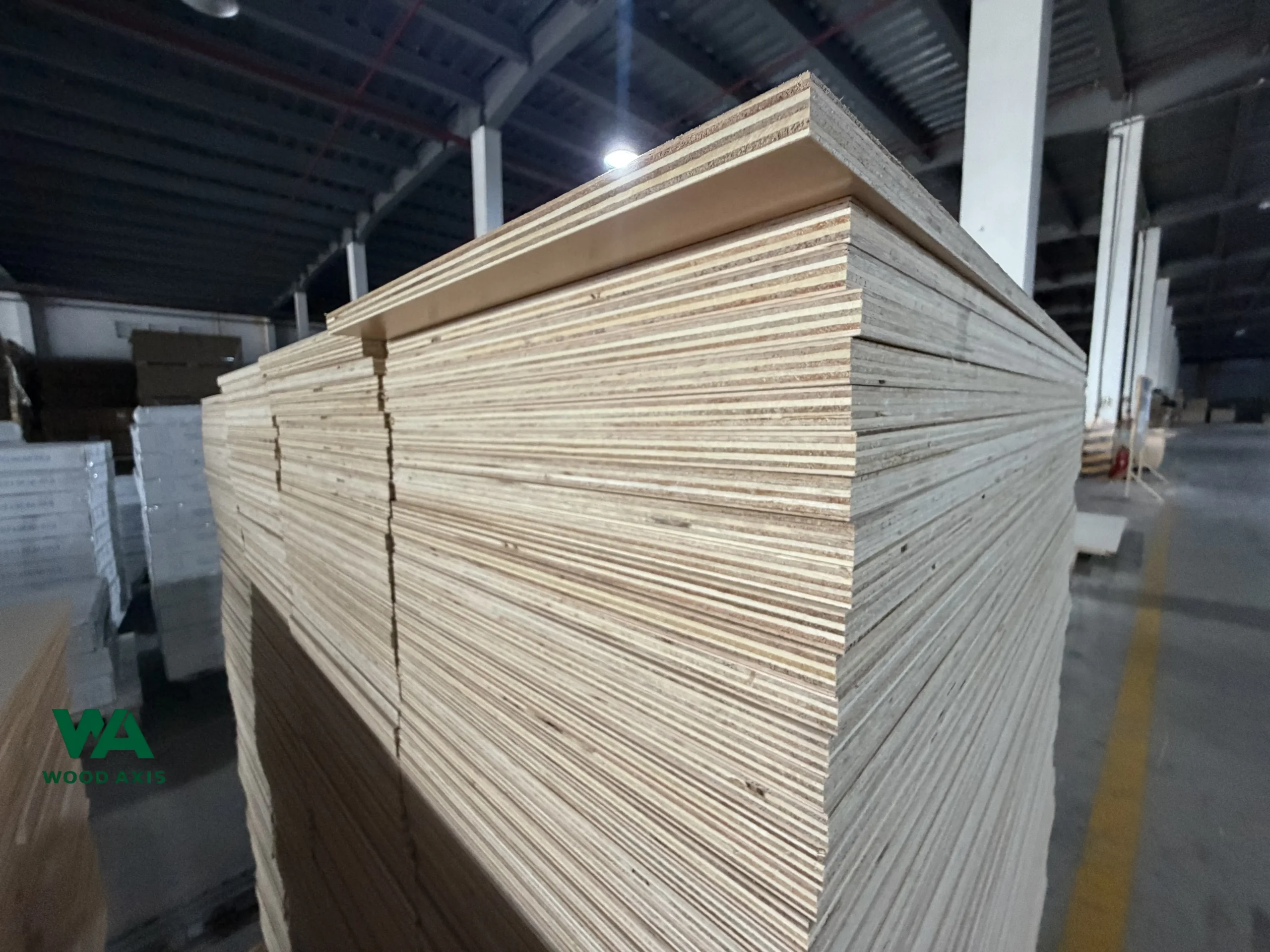 Blog 9 Neatly stacked wooden plywood sheets stored in a warehouse for export