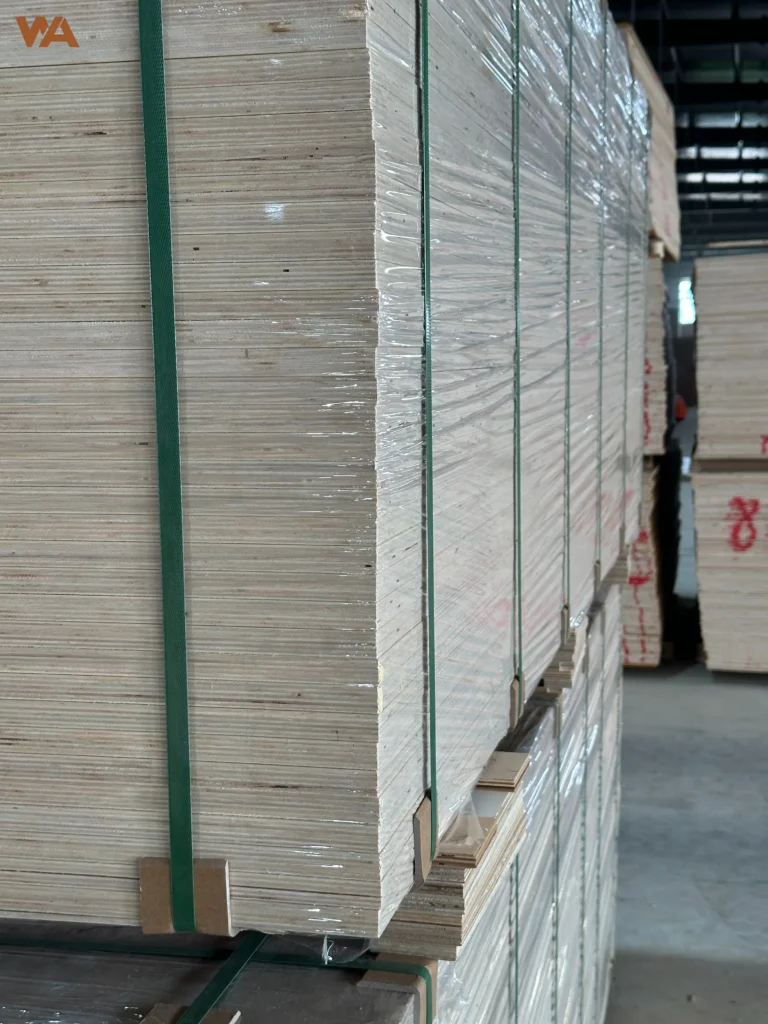Close-up view of stacked high-grade Birch plywood panels showing core layer construction and uniform thickness