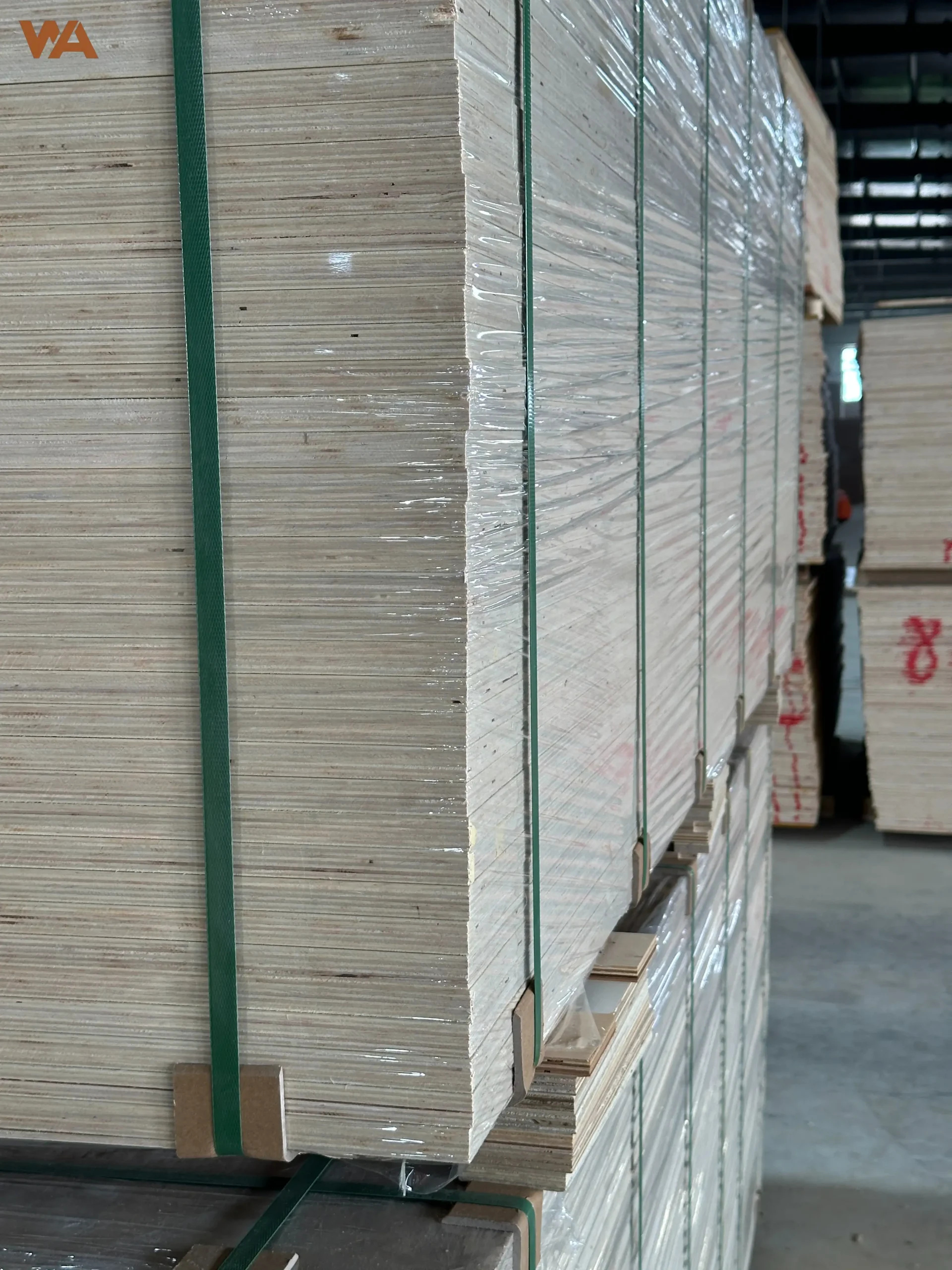 Close-up view of stacked high-grade Birch plywood panels showing core layer construction and uniform thickness