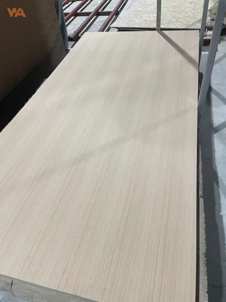 Full piece rift-cut white oak veneered plywood panel showing straight grain pattern.